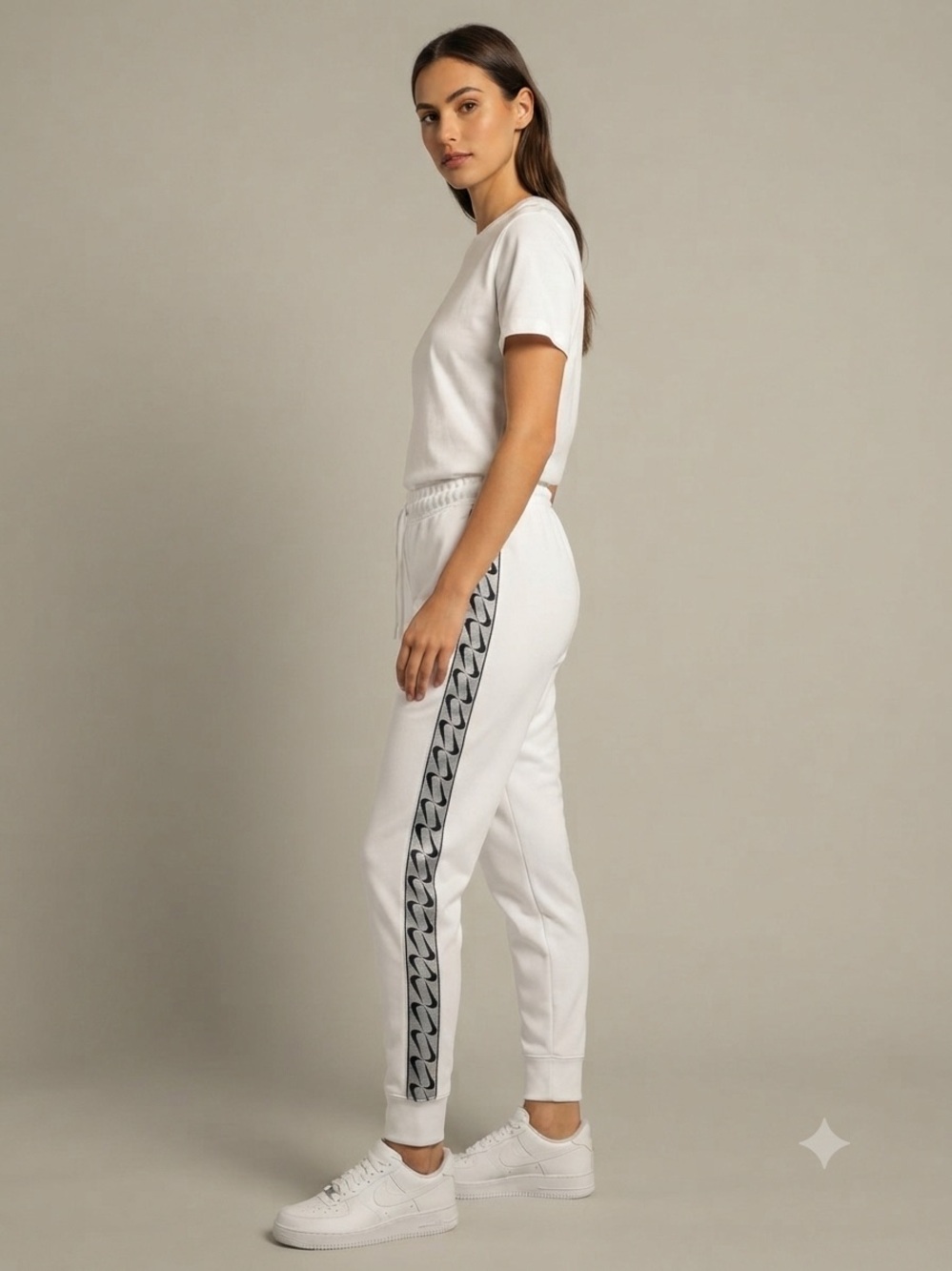 Nike Women's Size Small White Joggers Sweatpants Repeated Swoosh Logo Side Tape